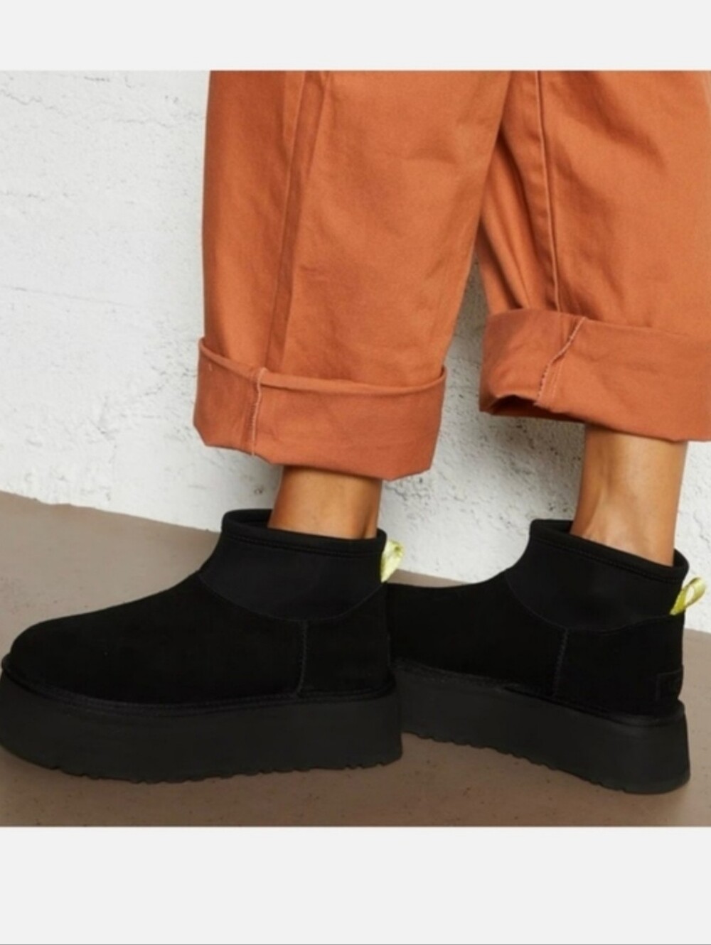 UGG Classic Mini Dipper Black Suede Platform Ankle Booties with Yellow Pull Tab